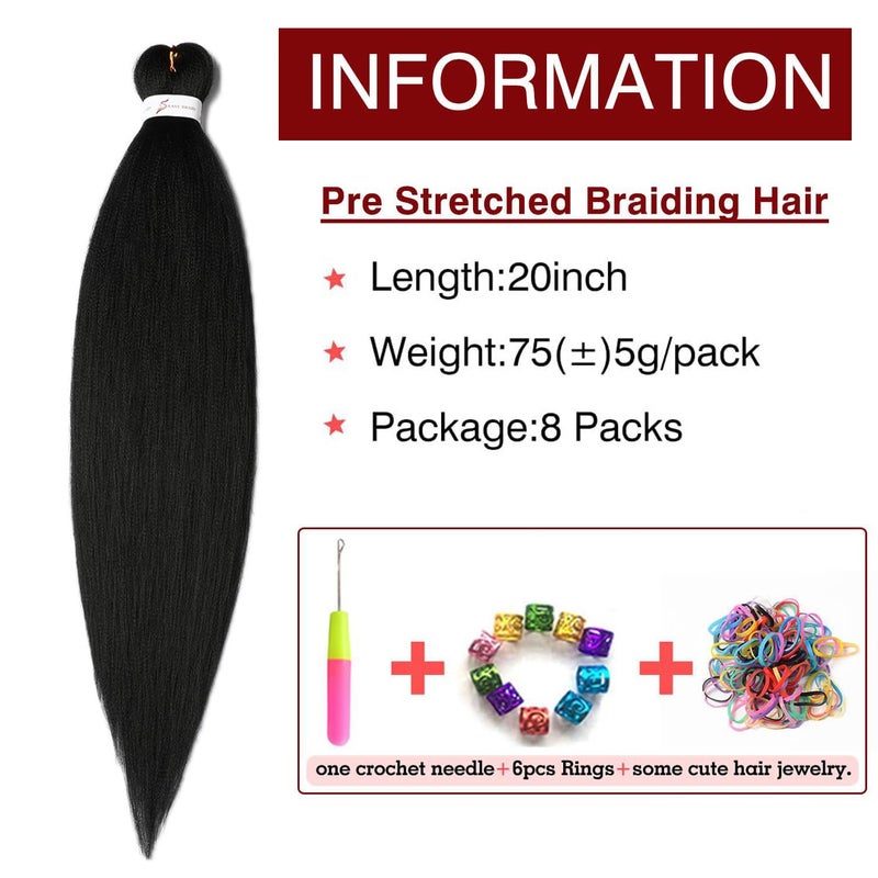 ShowCoco Pre Stretched Braiding Hair 20 Inch 8 Packs Natural Black Braiding Hair Pre Stretched Professional Soft Yaki Texture, Hot Water Setting Hair Extensions for Braids (20inch,#1B) - Image 2